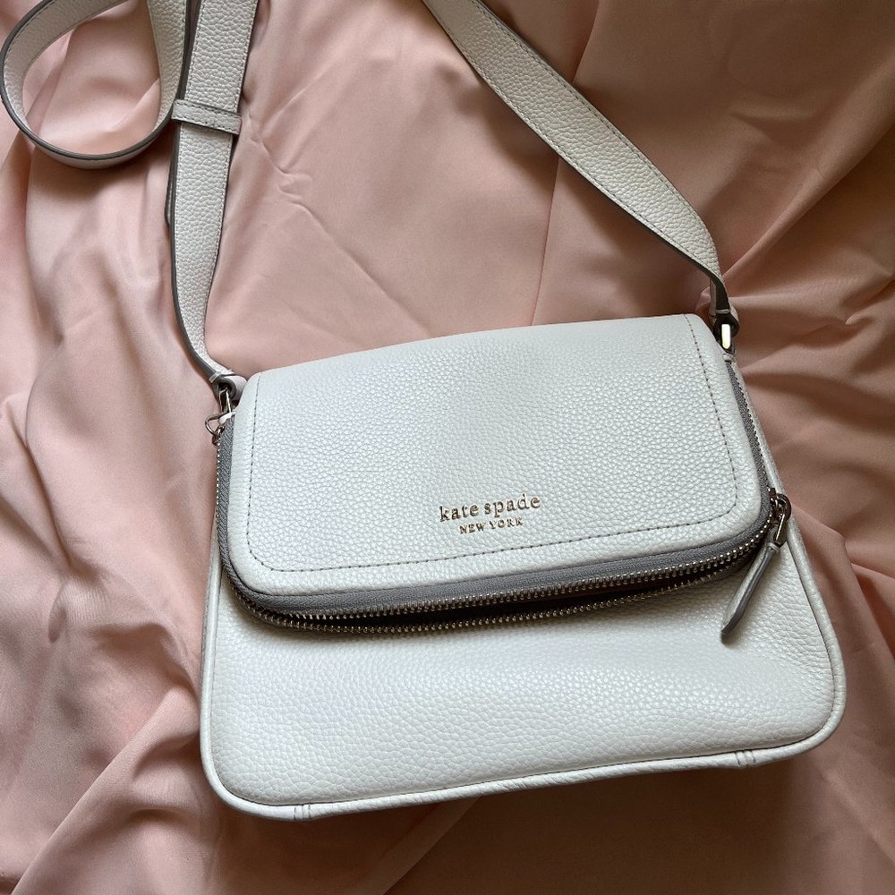 Kate Spade New York Run Around Large Flap White Leather Crossbody Bag